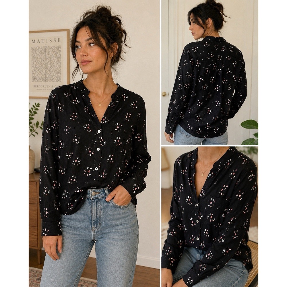 Maeve Black Floral Button-Up Blouse with Pink & White Accents